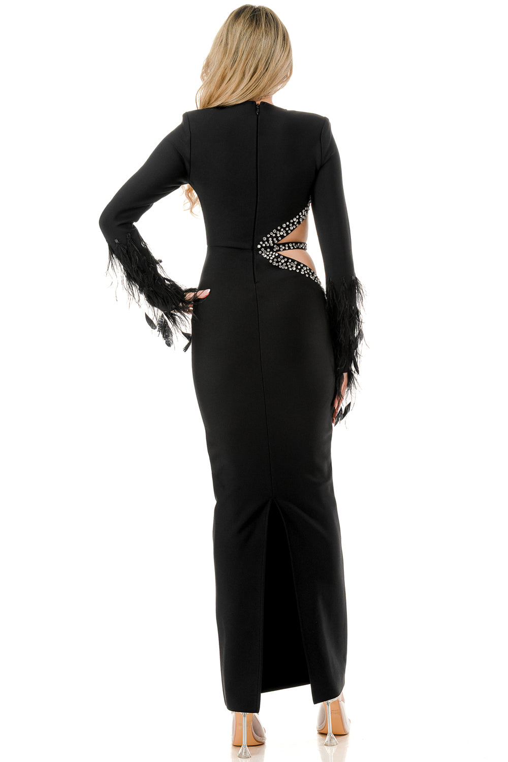 Noir Feather Illusion Bandage Maxi Dress