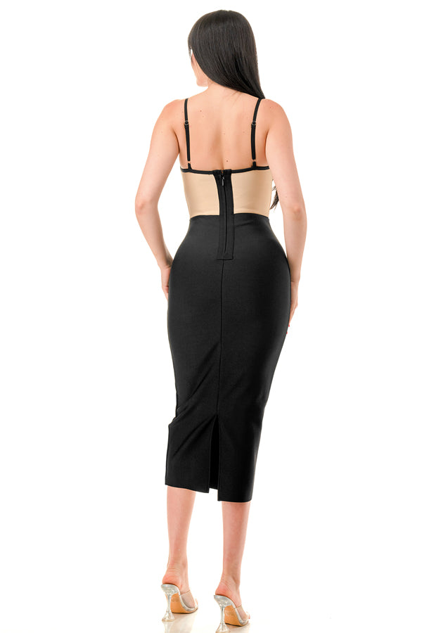 Noir Illusion Corset Bandage Midi Dress