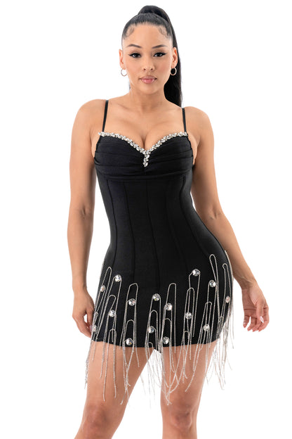 Midnight Glam Crystal Fringe Bandage Mini Dress