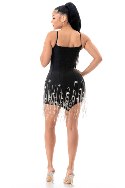 Midnight Glam Crystal Fringe Bandage Mini Dress