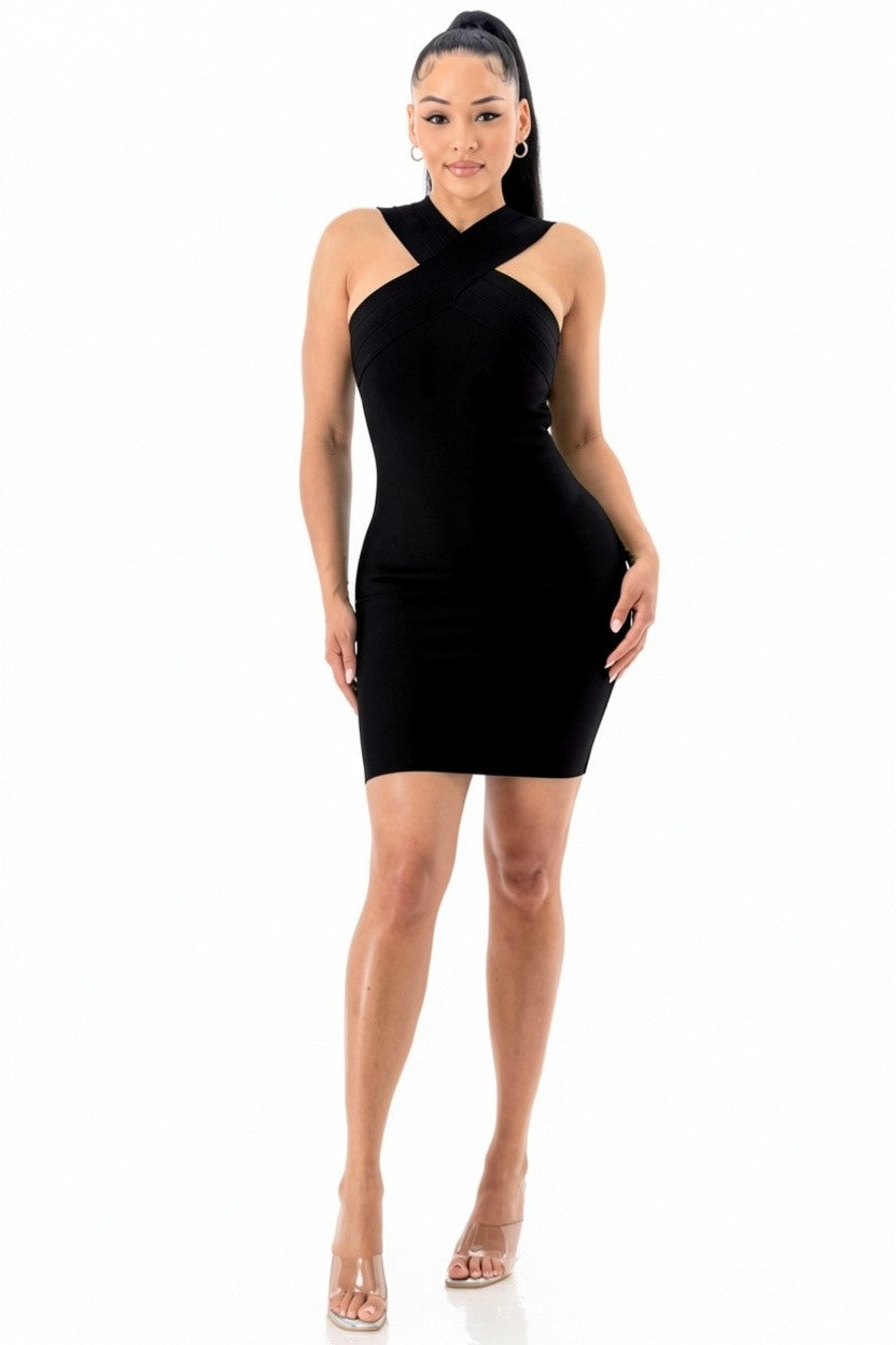 Crush Cross-Halter Bandage Mini Dress