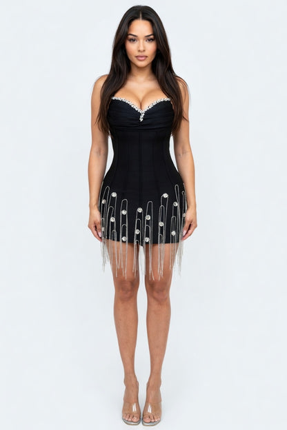 Midnight Glam Crystal Fringe Bandage Mini Dress