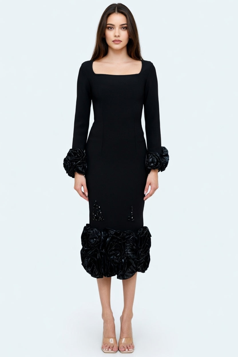 Midnight Rose Sleeve Bandage Midi Dress