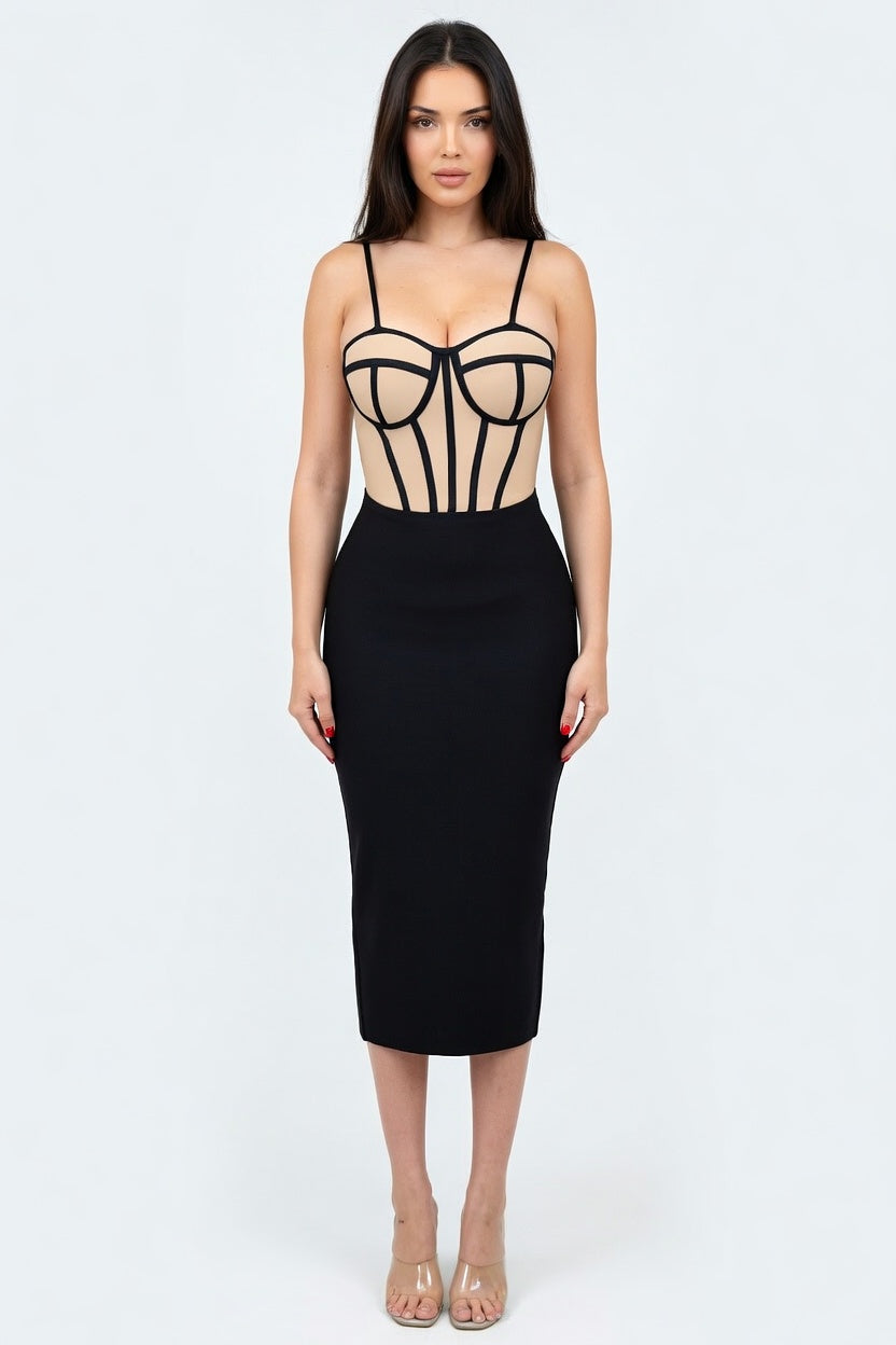 Noir Illusion Corset Bandage Midi Dress