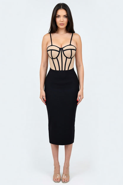Noir Illusion Corset Bandage Midi Dress