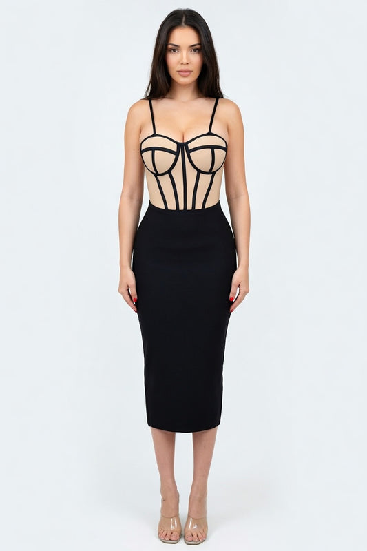 Noir Illusion Corset Bandage Midi Dress