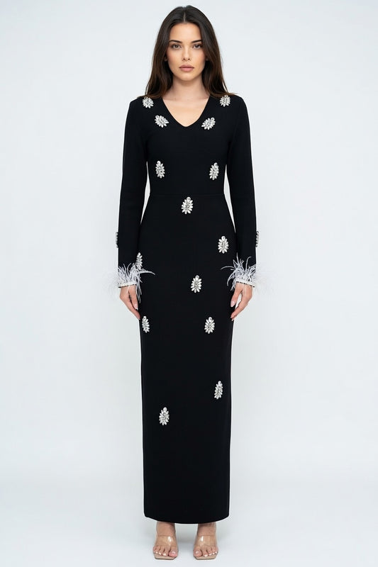 Celestial Bloom Embellished Bandage Maxi Dress