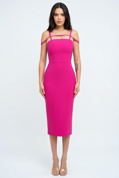 Flirt Factor Strap Detail Bandage Midi Dress