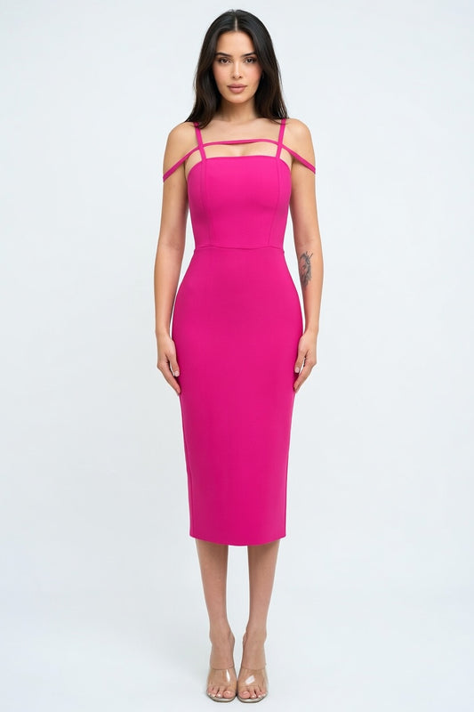 Flirt Factor Strap Detail Bandage Midi Dress