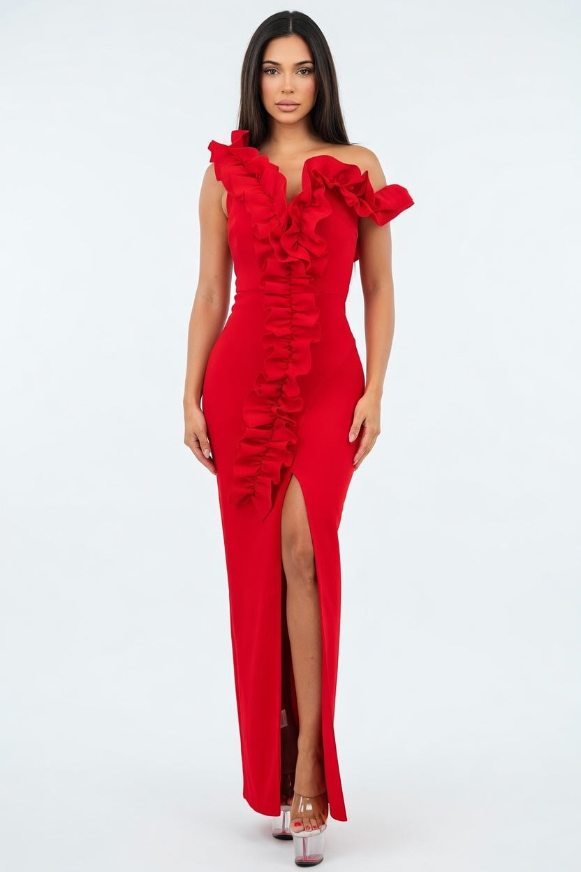 Scarlet Sonata Ruffle Bandage Gown