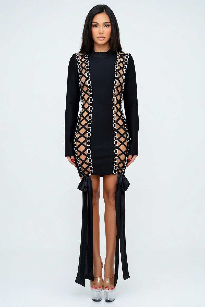 Rebel Heiress Lace-Up Chain Bandage Mini Dress