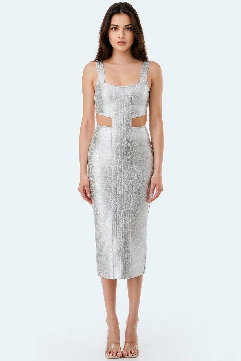 Noir Metallic Contour Cutout Bandage Midi Dress