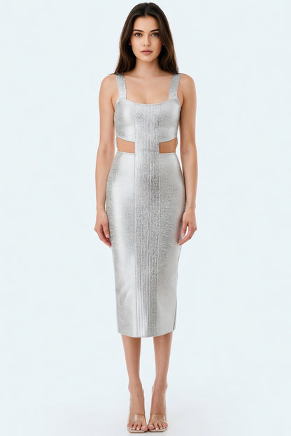 Noir Metallic Contour Cutout Bandage Midi Dress