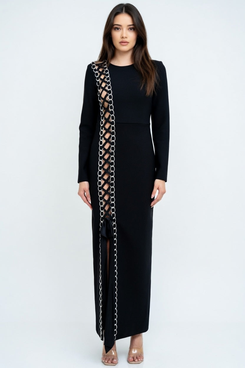 Dominique Chain Lace-Up Bandage Maxi Dress