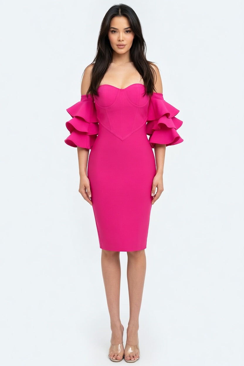 Romance Ruffle Sleeve Bandage Midi Dress