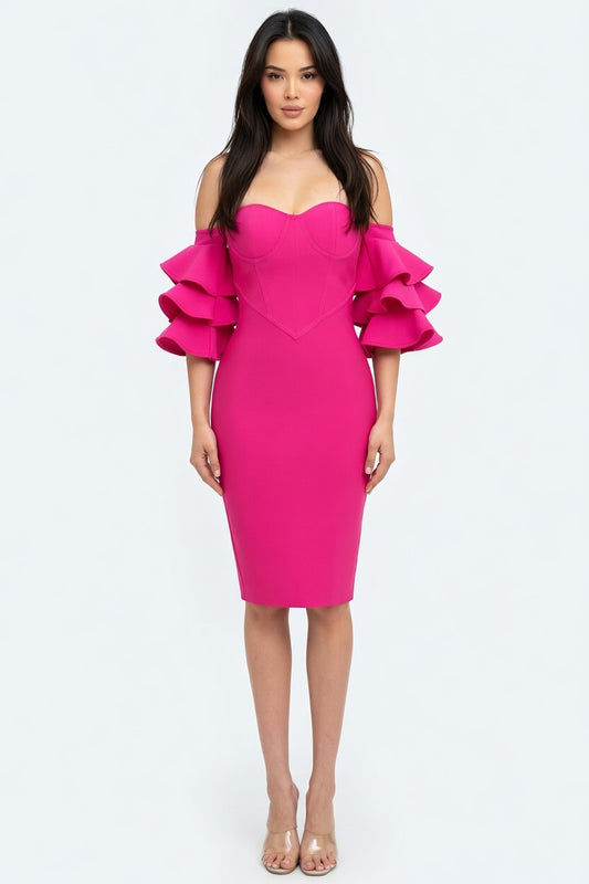 Romance Ruffle Sleeve Bandage Midi Dress