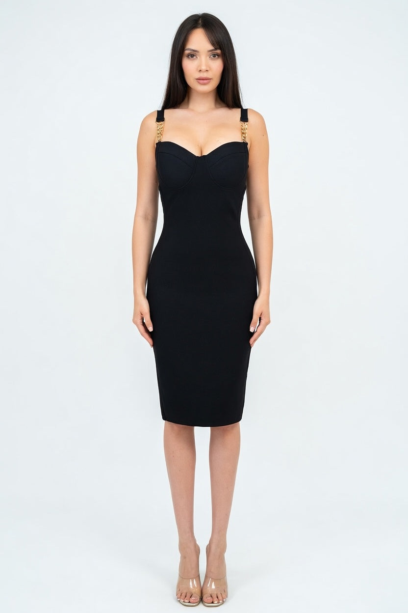 Golden Hour Chain Strap Bandage Midi Dress
