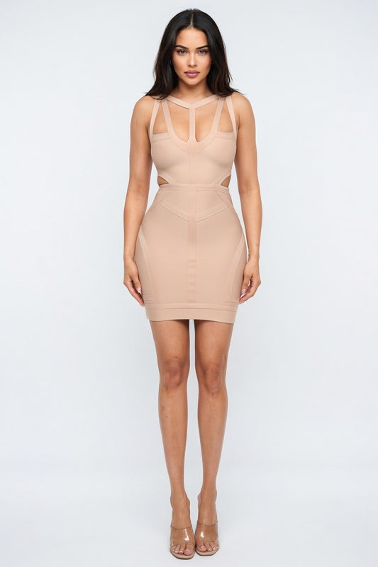 Nude Temptation Strap Detail Bandage Mini Dress